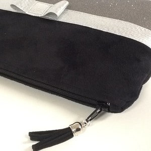 Black and grey make-up case, silver bow / Elegant suede, imitation leather bag pocket / Small customizable zipped pocket / Women's gift image 4