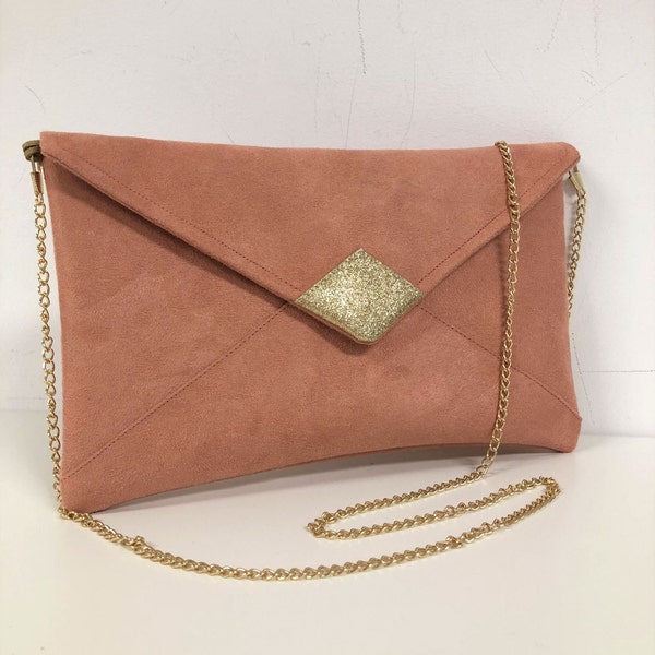 Lachsrosa Hochzeits-Clutch mit goldenen Pailletten / Abend-Clutch, anpassbares Wildleder mit oder ohne Kette / Schulterhandtasche