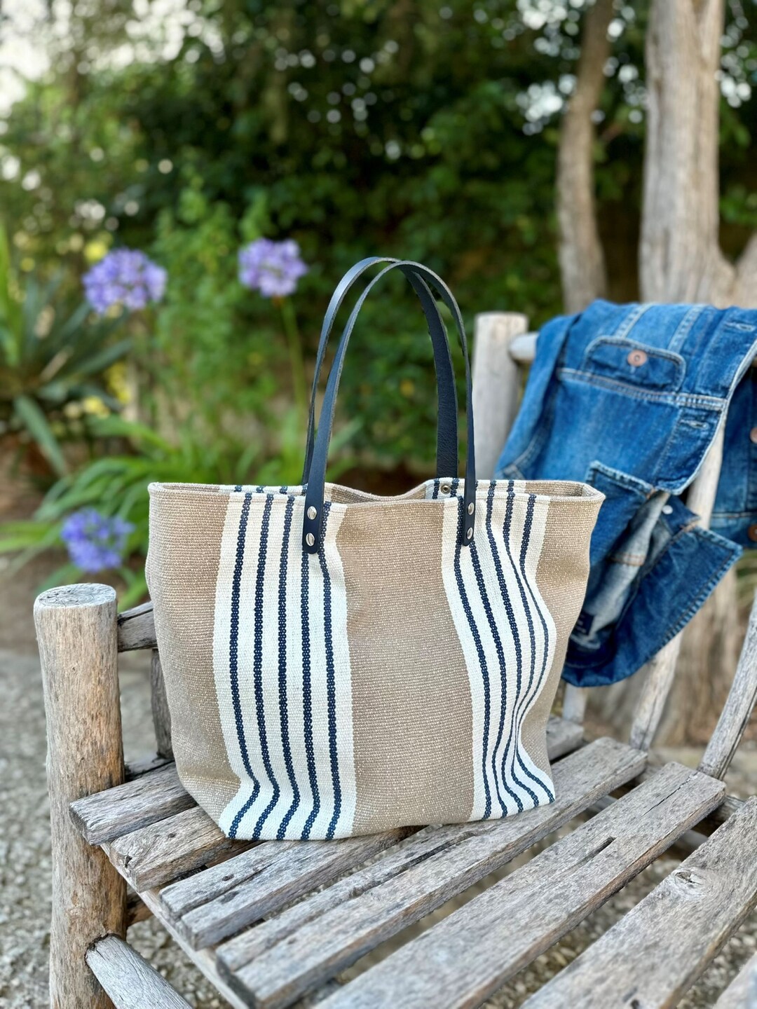◎GONIATELIER◎ Daily Shopper Bag | Leather & Canvas Shopping Bag in Striped Canvas, Beige, Blue, Ecru and Navy