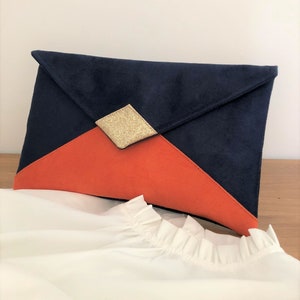 Clutch de boda azul marino y naranja con lentejuelas doradas / Clutch de noche de ante en forma de sobre, personalizable / Bolso de cadena Sans chaînette dorée