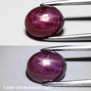 May include: Two images of a polished, round ruby gemstone held by tweezers. The ruby is a deep red with internal light reflections. The text "Under Incandescent Light" is at the bottom of the image.