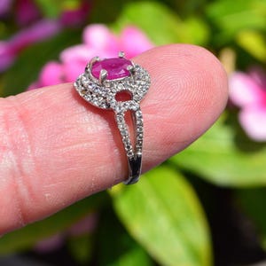 May include: A silver ring with a central oval ruby, encircled by smaller clear gemstones. The ring's band splits into two gem-set strands. The background is blurred with pink and green foliage. The ring is a piece of jewellery.