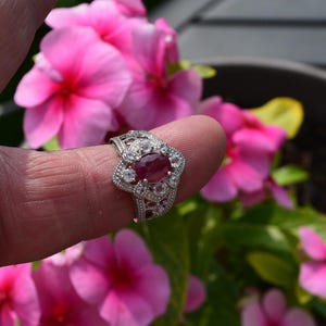 Peut inclure: Une bague en argent ornée d'un grand rubis ovale central et de petites pierres claires. La bague est présentée sur un fond de fleurs roses vives et de feuilles vertes.