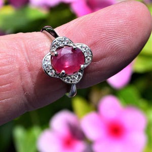 May include: A silver ring with a central oval ruby, encircled by small, clear gemstones. The ring's setting is shaped like a four-leaf clover. The background is blurred, showing pink flowers and green leaves.