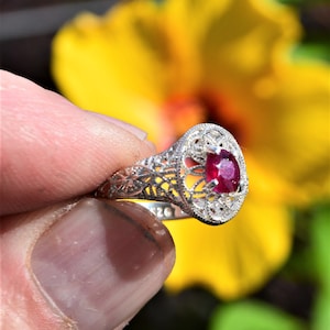 Könnte beinhalten: Ein silberner Filigranring mit einem roten Rubin-Edelstein. Der Ring ist in einem zarten floralen Design gefasst.