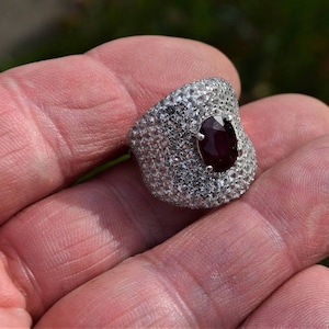 Peut inclure: Une bague en argent ornée d'une grosse pierre précieuse ovale rouge foncé au centre. Le corps de la bague est incrusté de petites pierres claires, créant un effet scintillant. La bague est tenue dans une main.