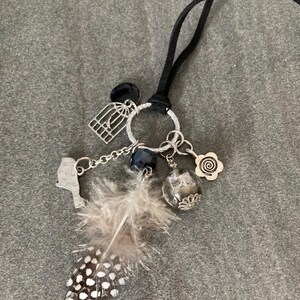 Peut inclure: Un collier en cordon de daim noir avec une collection de breloques. Les breloques comprennent une cage à oiseaux, une silhouette d'oiseau, une fleur et un globe transparent. Une plume tachetée est attachée aux breloques. Les breloques sont de couleur argentée.