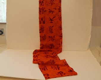 Vintage Silk Orange Velvet Burnout Asian Lettering Scarf Bought in Lyon France