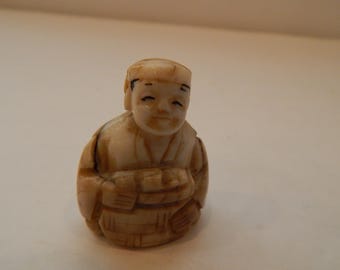 Vintage Alabaster Stone Japanese Netsuke Smiling Man Holding Basket Filled With Food No Markings