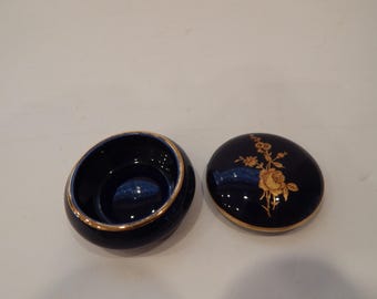 Vintage Limoges France Cobalt Blue Gold Rose Floral Motif Porcelain Trinket Box CONDITION ISSUE  1990S
