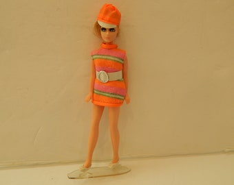 Vintage Topper Dawn Jessica Airline Stewardess Blonde Doll Wearing The Lime Green and Pink and Orange STriped Mini and Shoes and STand 1970