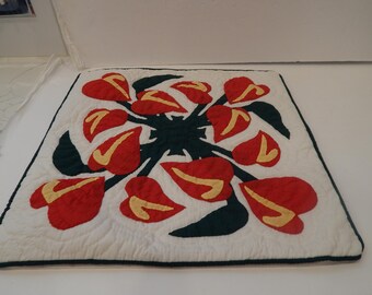 Vintage Quilted In Hawaii Handmade Anturium Flower Throw Pillow Cover With Zipper 1990s Regency Marketing Honolulu Hawaii
