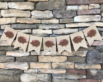 Hedgehog garland, hedgehog party banner, happy birthday banner, hedgehog baby shower decorations, hedgehog burlap banner