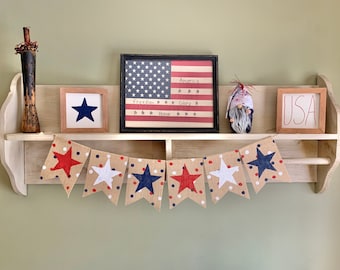 Banner del 4 de julio, banner del Día de los Caídos, banner de arpillera con estrellas, decoración patriótica, banner del 4 de julio, banner de arpillera con bandera, banner americano