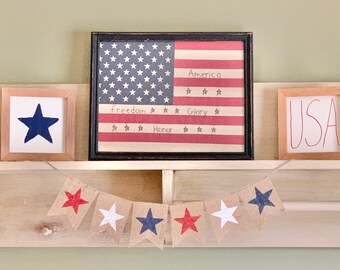 4th of July banner, Memorial Day banner, stars burlap banner, patriotic decor, July 4th banner, flag burlap banner, Americana banner