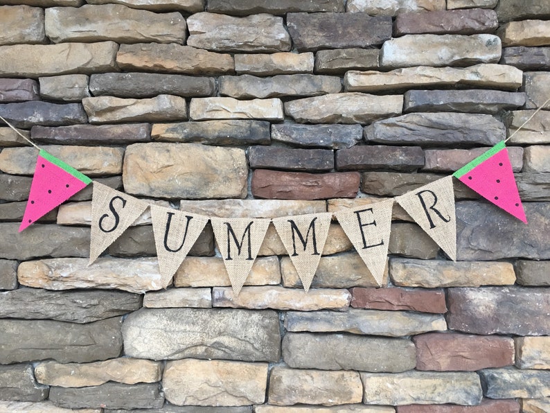 Summer burlap banner, summer banner, summer garland, summer bunting, watermelon banner, watermelon burlap banner, summer decor, porch decor image 1