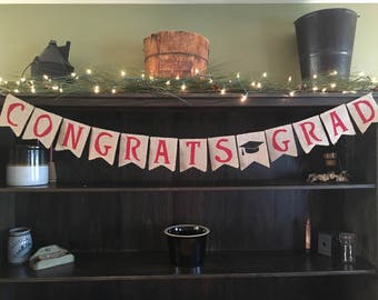 Graduation burlap banner, Class of banner, Graduation party decor, Graduation banner, Graduation buntings, Congrats Grad sign