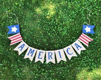 4th of July banner, 4th of July burlap banner, July 4th banner, patriotic decor, America burlap banner, americana banner, stars banner