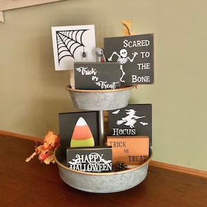 Halloween tiered tray decor, Halloween signs, farmhouse tiered tray
