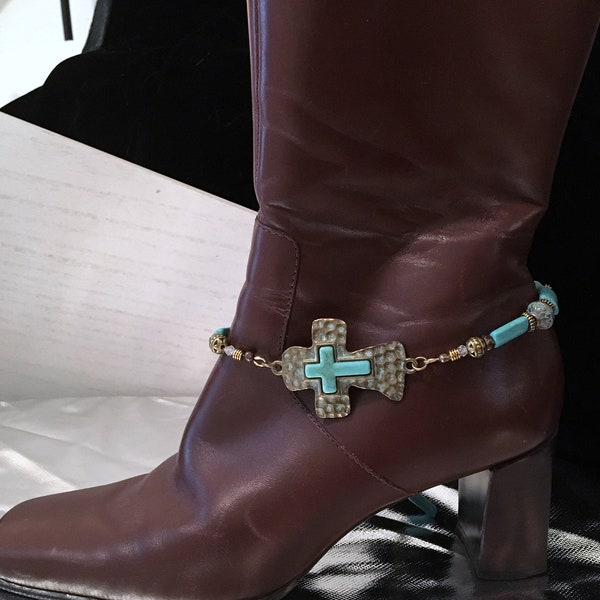 BOOT JEWELRY ~ Boot Bling ~  Boot Bracelet ~ Boot Anklet ~ Turquoise Cross Connector ~ Southwestern Cowgirl Jewelry ~ Rodeo Wear ~