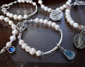 PEARL BRACELETS ~ Unique handmade design ~ Choice of Religious Medals, Initials, Charms ~ Gift for her ~ Gift under 30 ~ Made in the USA