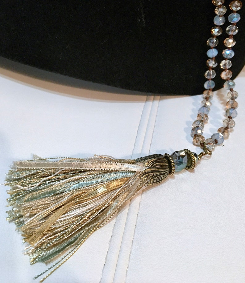 TASSEL NECKLACE ~ Long Hand Knotted Beaded Necklace ~ Blue Amber and clear AB crystals ~ Handmade fringe and ribbon tassel ~ Gift for Her