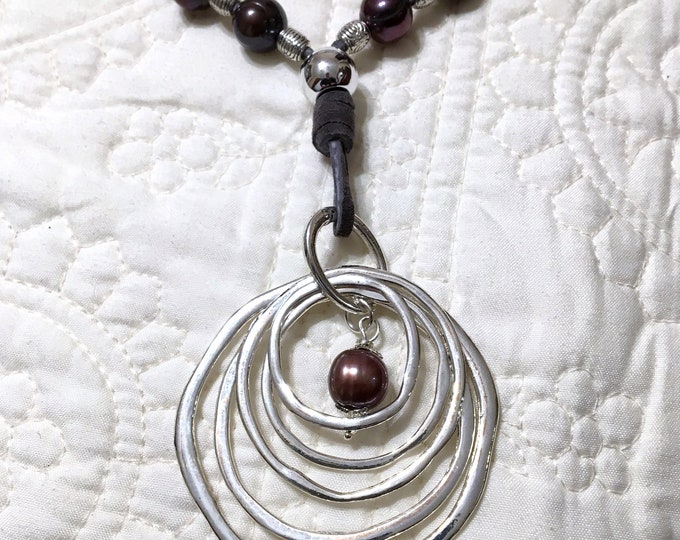 LONG Grey Suede Leather Lace Necklace With Pearls Freshwater Chocolate Pearls Karen Hill Silver