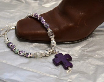 Purple Cross Sterling Silver Beaded Bracelet - Christian Jewelry