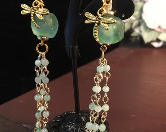 GREEN GLASS  Dangle Earrings ~ African Trade Recycled Glass ~ Beaded Chain Drop ~ Dragon Fly Charm ~ Feminine, Classy, Beachy~ 9 to 5