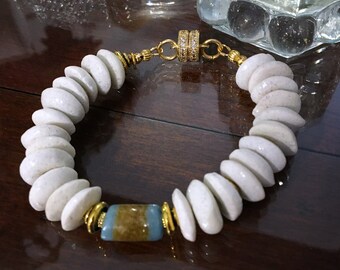 AFRICAN Glass Beads ~ White Ashanti Glass ~ Ethnic Statement Bracelet ~ Hand painted KROBO tribal focal bead ~ Gift for her ~ Gift under 40