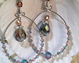 BEADED HOOP EARRINGS ~ Wire wrapped Crystals beads ~ Dangle, Drop, Beaded Hoop Earrings ~ Smart Fashion Jewelry ~ Vitrail Crystals ~