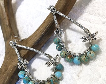 TEARDROP DROP EARRINGS ~ Sea Jasper Stones ~ Dangle Earrings ~ Butterfly earring ~ Sundance Inspired ~ Gift for her ~ Made to order