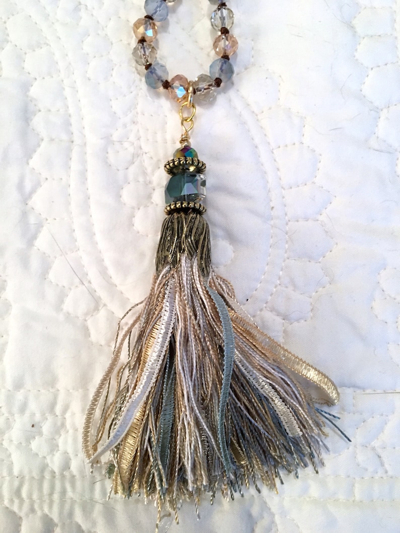 TASSEL NECKLACE ~ Long Hand Knotted Beaded Necklace ~ Blue Amber and clear AB crystals ~ Handmade fringe and ribbon tassel ~ Gift for Her