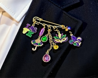 MARDI GRAS Pin ~ Lapel pin, Kilt pin, Handbag charm, Mardi Gras charms, Purple Green Gold Crystals, Made to Order