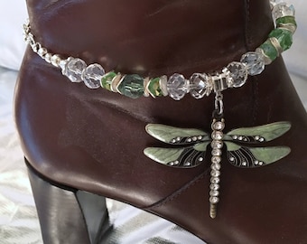 BOOT BRACELET ~ Boot jewelry ~Boot bling~Cloisonne Enamel Green Dragonfly~Celestial Crystals~Peridot Crystals~Gift for her~Free USA shipping