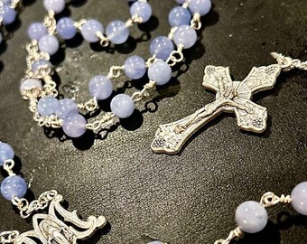 ROSARY PRAYER Beads ~ Blessed Mother ~ Blue Aquamarine Beads ~ Filigree Cross and Connector ~ Made in the USA~ Made to Order