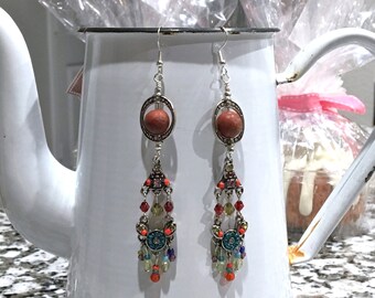 BEADED BO-HO Earrings ~  Bright and Colorful ~ Red Crystals, Turquoise beads, Green Glass ~ Dangle Earrings ~ Rodeo Jewelry ~Cowgirl Earring