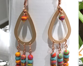 TEARDROP BEADED EARRING ~ Malachite Beads, Brushed Brass Drops~ Southwestern Style Jewelry ~ Sundance Inspired ~ Rodeo/Cowgirl Earrings