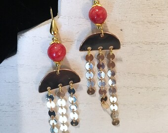 RED CARNELIAN Dangle Earrings ~ Half Moon Brass Connector ~ Sundance Inspired ~ Chain Drops ~ Gold plated Earrings ~ Summer fun