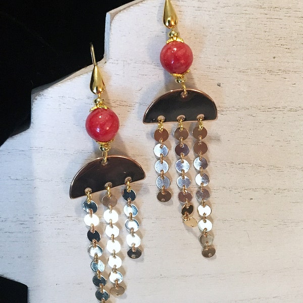 RED CARNELIAN Dangle Earrings ~ Half Moon Brass Connector ~ Sundance Inspired ~ Chain Drops ~ Gold plated Earrings ~ Summer fun