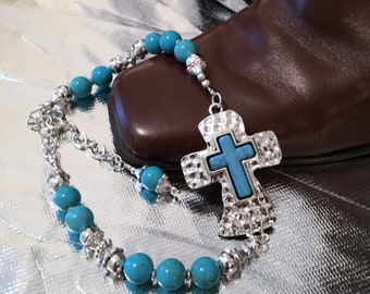 BOOT BRACELET ~ Boot Bling ~Hammered Sideways Cross ~ Magnesite Turquoise Cross Inlay ~ Southwestern Cowgirl Rodeo Jewelry ~ Gift under 30