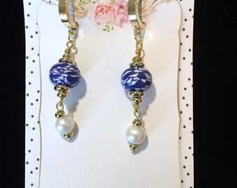 Blue Chinoiserie Earrings, Freshwater Pearl Dangle, Huggie Hoops