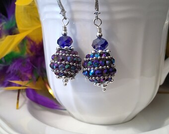 Purple Mardi Gras Earrings, Iridescent Dangle, Silver Plated