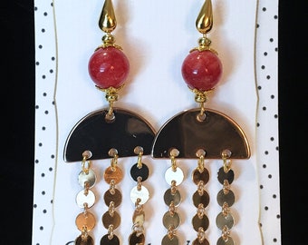 RED CARNELIAN Dangle Earrings ~ Half Moon Brass Connector ~ Sundance Inspired ~ Chain Drops ~ Gold plated Earrings ~ Summer fun