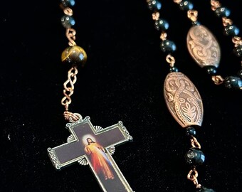 ROSARY Prayer Beads ~ "The Guardian" ~ Black Tourmaline, Tiger's Eye ~ Protection, Gounding, Strength, Spiritual, Religious ~ FREE USA Ship