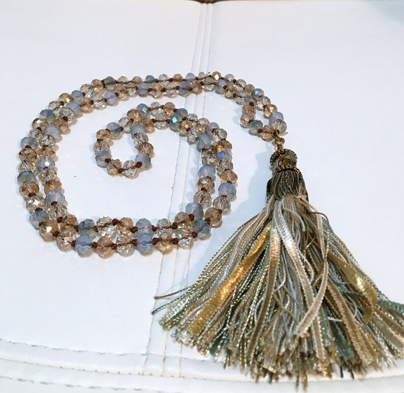 TASSEL NECKLACE ~ Long Hand Knotted Beaded Necklace ~ Blue Amber and clear AB crystals ~ Handmade fringe and ribbon tassel ~ Gift for Her