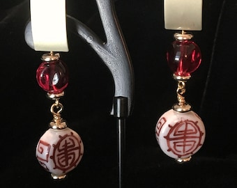PORCELAIN Drop Earrings ~ Red-Orange Symbolic Pattern ~ Asian Influence ~ Good Luck Symbol ~ Brushed Gold post Earring ~ Dangle earrings