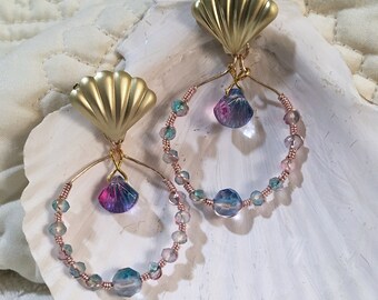 SEA SHELL Earrings ~ Crystal Sea shells ~ Wire wrapped Beads ~ Dangle, Drop, Beaded Hoop Earrings, Beach wedding Jewelry,
