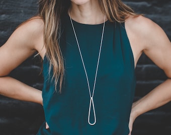 Handmade Sterling Silver Teardrop Necklace: Long Minimalist Pendant