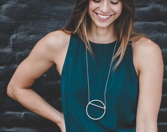 Handmade Sterling Silver Circle Long Necklace: Modern Geometric Pendant